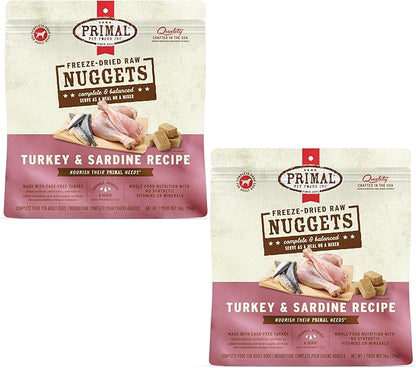 Primal Freeze Dried Raw Dog Food Nuggets, Turkey &amp; Sardine, Complete &amp; Balanced Meal, Also Use as Topper or Treat, Premium, Healthy, Grain Free, High Protein Raw Dog Food, 14 oz (Pack of 2)