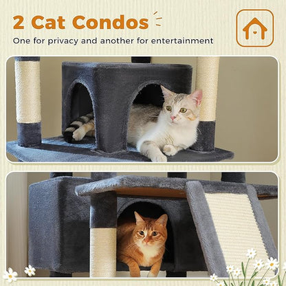 81 Inch Tall Cat Tree for Big Cats &amp; Multi-Cat Homes, Large Heavy Duty Cat Tower with Metal Frame Hammock, 6 Scratching Posts, 2 Condos, 2 Perches, Scratching Pad - Dark Grey