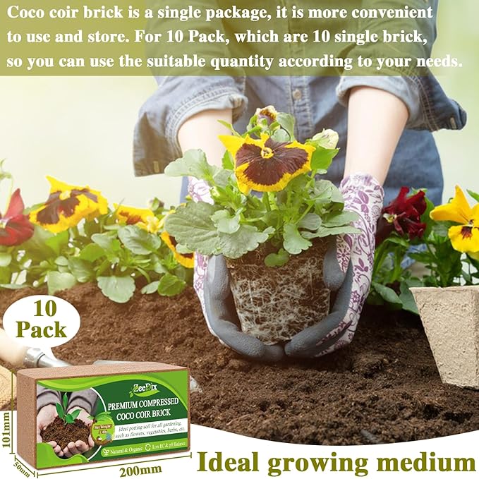 ZeeDix 10 Pack Premium Coco Coir Brick, Organic Compressed Coconut Coir Bricks Seed Starter Potting Soil for Plants, Coconut Fiber Substrate with Low EC &amp; pH Balance for Gardening Flower Herbs