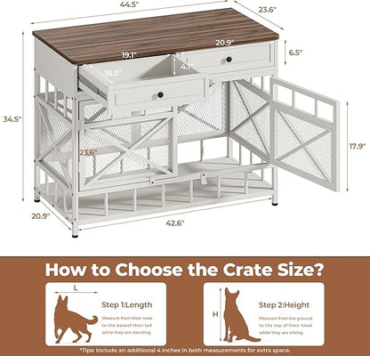 IRONCK 44 inch Large Dog Crate Furniture, Wooden Dog Kennel with Storage Drawers for Medium/Large Dogs, Decorative Dogs Kennel Indoor, White and Walnut