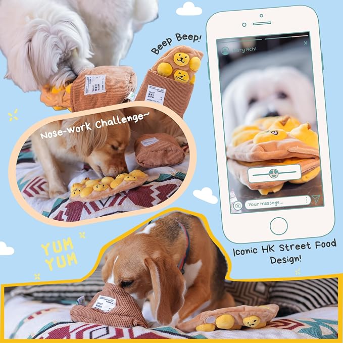 Egg Puff/Waffle 2-in-1 Nose-Work Soft Plush Squeaky Dog Toy - Durable, Cute &amp; Fun HK Gift for Interactive Bonding Time, Hide Chew Sticks &amp; Food for Puzzle Play, Small Medium Dogs