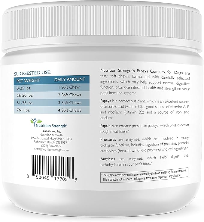 Papaya for Dogs Digestive Enzyme Complex to Support Normal Intestinal Function, Boost Immunity, with Organic Papaya Fruit + Papain, Protease &amp; Amylase, 90 Soft Chews