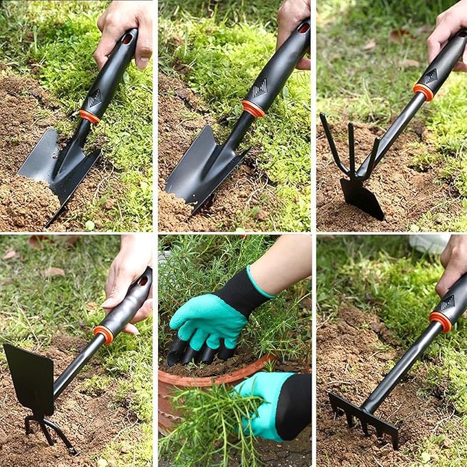 Premium 8-Piece Garden Tools Set – Heavy Duty Carbon Steel with Rust-Proof Coating, Ergonomic Handles, SK-5 Pruning Shears, Waterproof Repotting Mat &amp; Storage Tote Bag – Ideal Gift for Gardeners