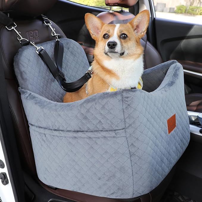 Dog Booster Car Seat for Dogs under 35lbs,Elevated Pets Seat with Safety Strap,Ultra Soft Fabric and Memory Foam Car Dog Bed,Safety,Comfy,Non-Slip&amp;Washable Carseat Cushion for Travel,Cars,SUV.(H-Grey)