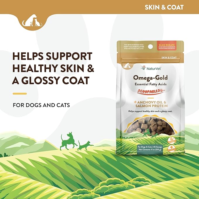 NaturVet Scoopables Omega-Gold Anchovy Oil &amp; Salmon Supplement For Dogs and Cats - Supports Healthy Skin &amp; Coat Plus DHA, EPA, Omega-3, &amp; Omega-6 - Anchovy &amp; Salmon Flavored For Dog and Cat | 11oz Bag