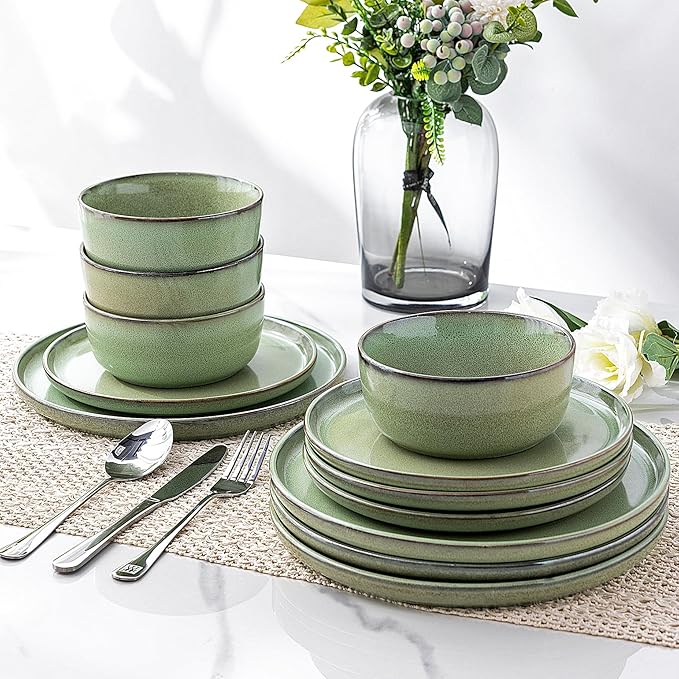 GBHOME Ceramic Dinnerware Sets for 6, 18 Pieces Stoneware Plates and Bowls Sets, Scratch Resistant Dishes, Dishwasher &amp; Microwave Safe-Pastel Green