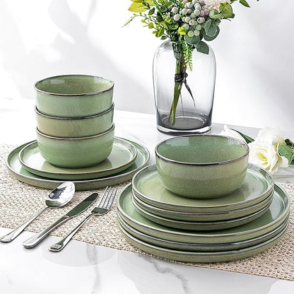 GBHOME Ceramic Dinnerware Sets for 6, 18 Pieces Stoneware Plates and Bowls Sets, Scratch Resistant Dishes, Dishwasher &amp; Microwave Safe-Pastel Green