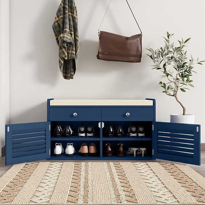 Shoe Storage Bench with 2 Drawers &amp; 2 Doors, Entryway Bench with Cushion, 2 Adjustable Shelves, Shoe Cabinet for Entryway, Living Room, Hallway, Mudroom, Bedroom, Blue