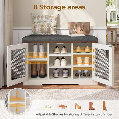 Farmhouse Storage Bench with Cushion, Metal and Wood Shoe Rack Organizer, Adjustable Shelf, Shoe Cabinet with Half Hidden Storage Space, for Entryway, Bedroom, Living Room (Old White, 31.4in)