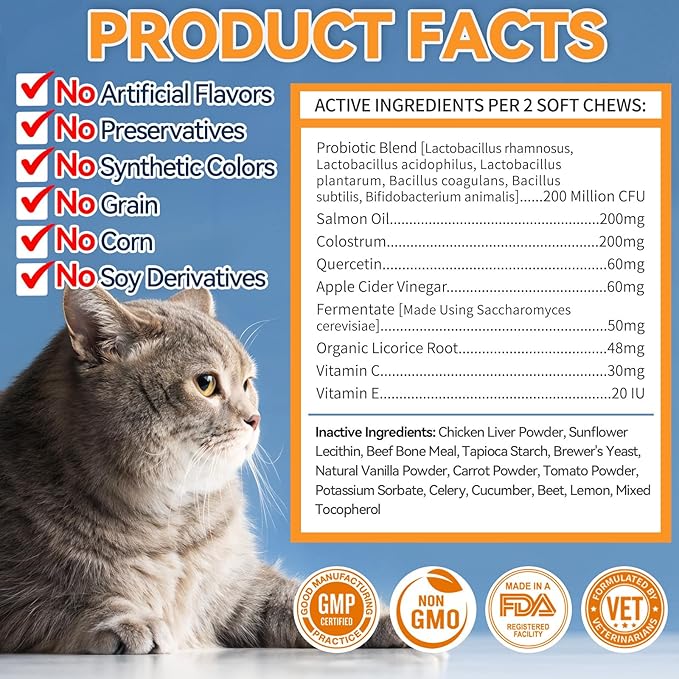 Cat Allergy Relief Chews 200 pcs - Cat Itchy Skin &amp; Paw Licking Relief - Omega 3 &amp; Probiotic for Cats - Anti-Itch Relief for Skin &amp; Coat Health, Immune Support, Seasonal Allergies - Chicken Flavor