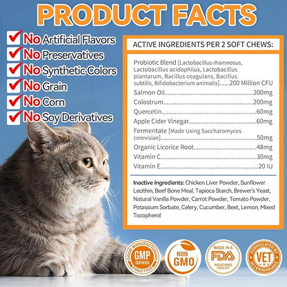 Cat Allergy Relief Chews 200 pcs - Cat Itchy Skin &amp; Paw Licking Relief - Omega 3 &amp; Probiotic for Cats - Anti-Itch Relief for Skin &amp; Coat Health, Immune Support, Seasonal Allergies - Chicken Flavor