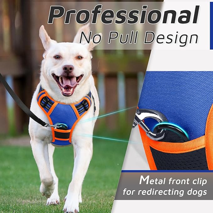 Eagloo Dog Harness for Large Dogs, No Pull Service Vest with Reflective Strips and Control Handle, Adjustable and Comfortable for Walking, No Choke Pet Harness with 2 Metal Rings, Blue &amp; Orange, XL