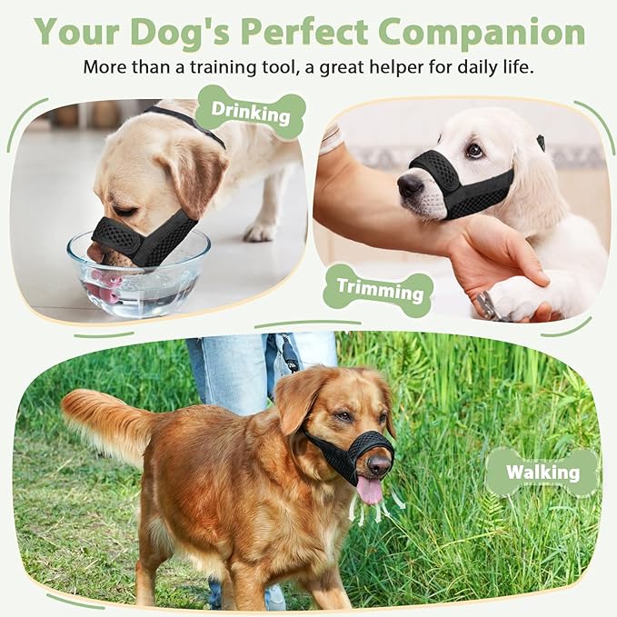 Mayerzon Dog Muzzle with Hook and Loop for Large Medium Small Dogs, Patented Soft Mesh Beagle Labrador Puppy Muzzles for Biting Chewing Grooming, Breathable, Adjustable, Allows Panting (Black, S)