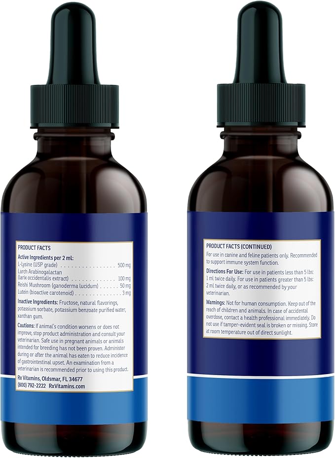 Rx Vitamins Liquid Immuno Dog &amp; Cat Immune Support - Reishi Mushroom Supplement for Dogs &amp; Cats Plus L-Lysine for Cats - Ideal Dog Eye Supplements, Immunity Booster Cat Supplements - 4 oz