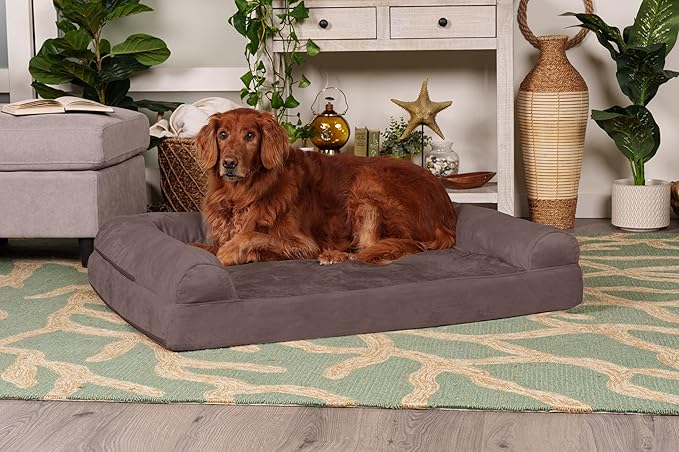 Furhaven Orthopedic Dog Bed for Large Dogs w/ Removable Bolsters &amp; Washable Cover, For Dogs Up to 95 lbs - Faux Fur &amp; Velvet Sofa - Driftwood Brown, Jumbo/XL