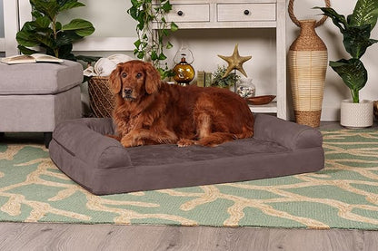 Furhaven Orthopedic Dog Bed for Large Dogs w/ Removable Bolsters &amp; Washable Cover, For Dogs Up to 95 lbs - Faux Fur &amp; Velvet Sofa - Driftwood Brown, Jumbo/XL