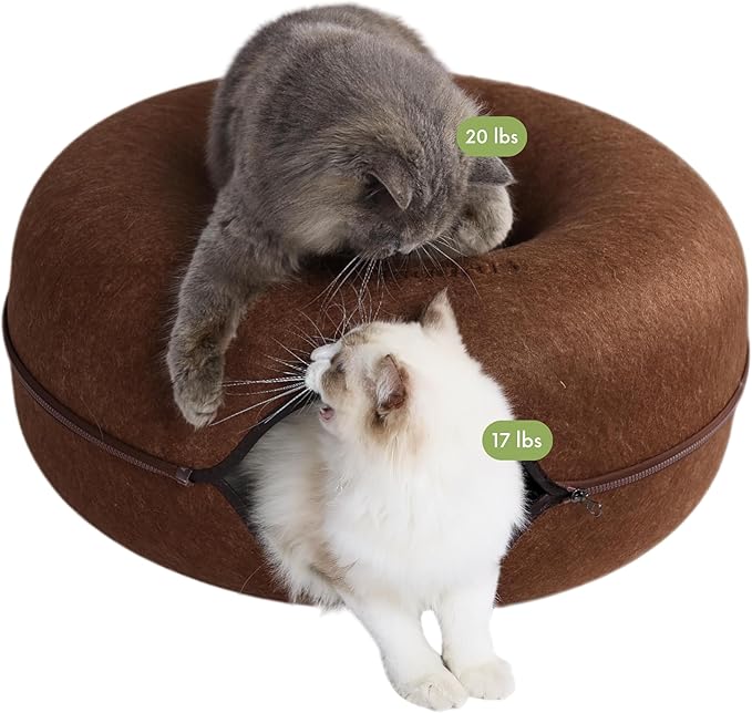 Cattasaurus Peekaboo Cat Cave for Multiple &amp; Large Cats Up to 30-45 Lbs, Scratch Detachable &amp; Washable Tunnel Bed, Comfy Donut Cat Cave (Brown, Large)