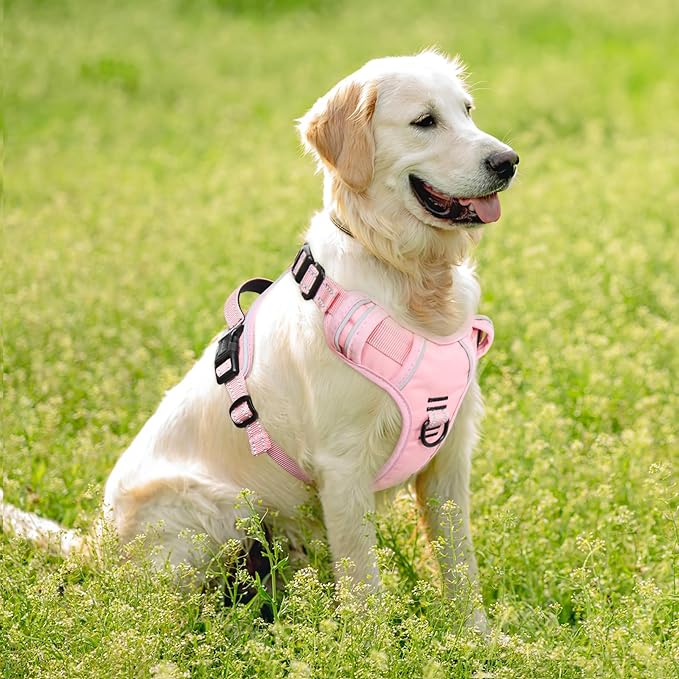 Timos Dog Harness, 3 Snap Buckles No-Pull Soft Padded Dog Vest with 2 Metal Leash Clips, Adjustable Reflective No Choke Pet Harness with Easy Control Handle for Large Dogs,Pale Pink,L