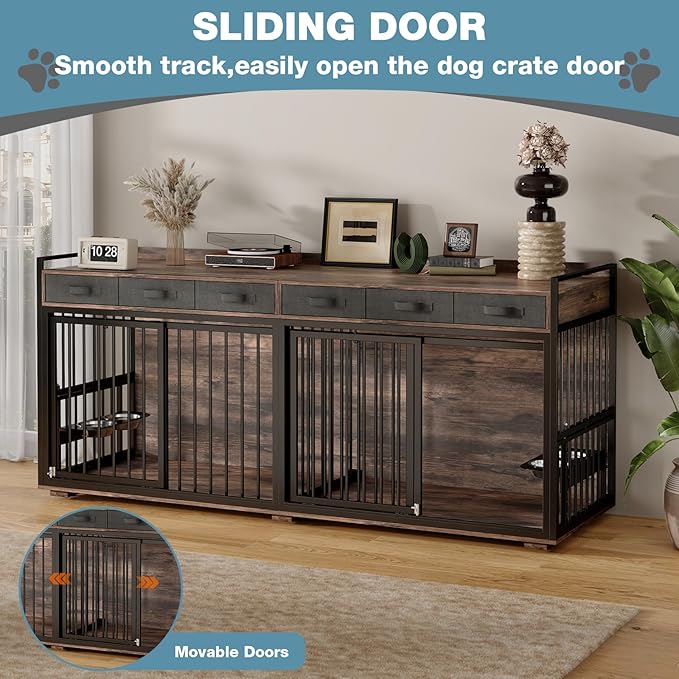 86.6Inch Large Double Dog Crate Furniture,Heavy Duty Metal Frame Dog Crate Kennel with Adjustable Feeder Bowls and Removable Divider&amp;Drawers,Chew-Resistant Dog Kennel for 2 Dogs Indoor