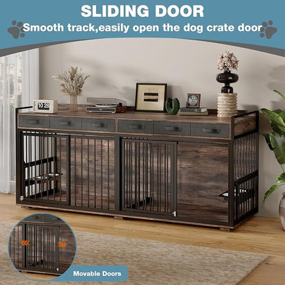 86.6Inch Large Double Dog Crate Furniture,Heavy Duty Metal Frame Dog Crate Kennel with Adjustable Feeder Bowls and Removable Divider&amp;Drawers,Chew-Resistant Dog Kennel for 2 Dogs Indoor