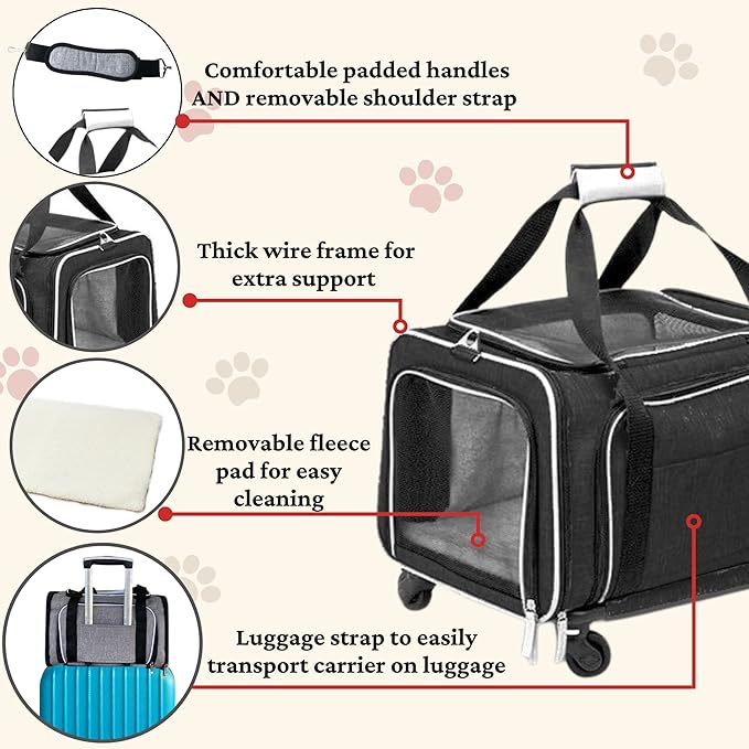 Airline Approved Expandable Premium Pet Carrier on Wheels- Two Sided Rolling Carrier- Designed for Dogs &amp; Cats- Extra Spacious Soft Lined Carrier! (Black) (RL-PET-CARRIER-WHEELS)