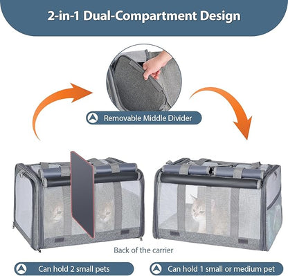 Cat Carrier for 2 Cats – Large Soft-Sided Pet Travel Carrier, Dual Compartments, Privacy Protection, Dog Carrier for Small/Medium Dogs, Home &amp; Outdoor Use