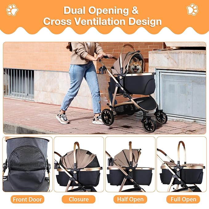 Dog Stroller for Small Medium Dogs, 3 in 1 Folding Pet Stroller Up to 33 lbs, 4 Wheels Pet Strolling Cart with Zipperless Entry, Cat Dog Travel Carrier with Cup Holder &amp; Storage Basket