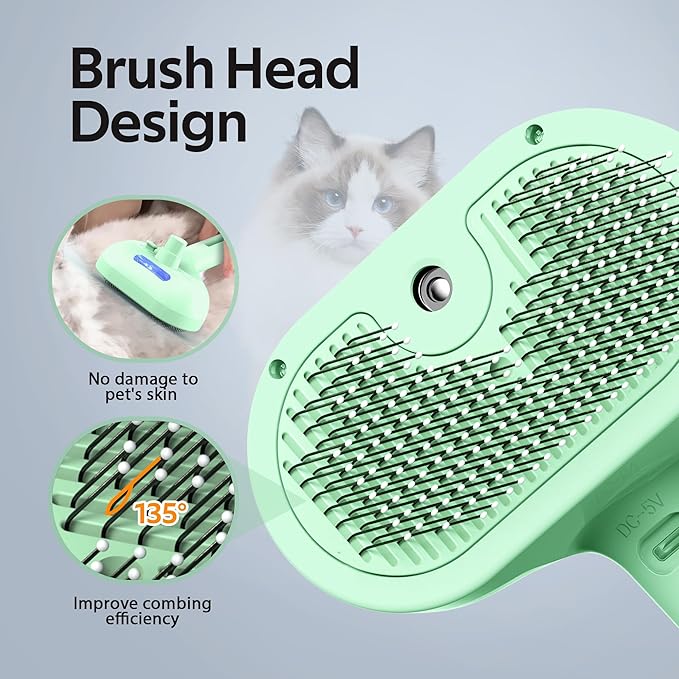 Pet Grooming Brush with Electronic Mist Spray - Gentle Deshedding Tool for Cats &amp; Dogs, Pet Steam Brush，Reduces Shedding, Soft Bristles, Promotes Healthy Coat-Comes with a hair smoothing comb-Greener