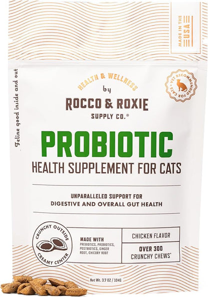 Rocco &amp; Roxie Cat Probiotic Health Supplement for Cats, Prebiotic and Postbiotic for Digestive + Gut Support, Constipation Relief, Anti Diarrhea, Supplements &amp; Vitamins, Chicken Flavored Crunchy Chews