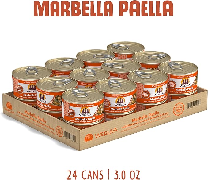 Weruva Classic Cat Food, Marbella Paella with Mackerel, Shrimp, &amp; Mussels in Gravy, 3oz Can (Pack of 24)