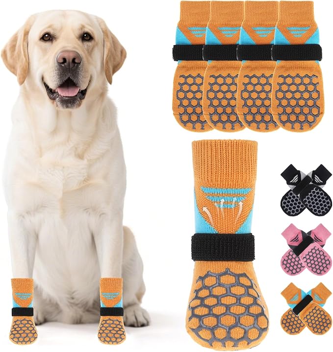 KOOLTAIL Dog Socks for Hot Pavement, Summer Breathable Dog Socks to Prevent Licking Paws, Non Slip Pet Boots&amp;Paw Protectors for Hardwood Floor,Grippy Shoes for Small Medium Large Senior Dogs,Orange M