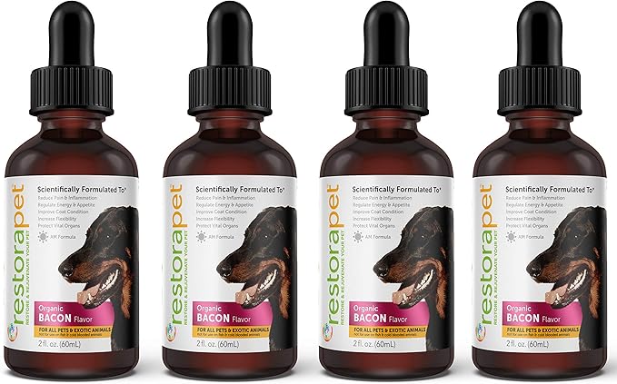 RestoraPet 4-Pack Dog &amp; Cat Bacon Liquid Multivitamin | Dog Arthritis Pain Relief | Hip &amp; Joint Vitamins for Dogs - Anti Inflammatory Supplement for Dogs &amp; Cats | Organic &amp; Non-GMO, Vet Approved