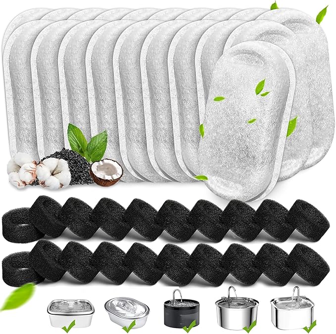 Cat Water Fountain Filters, 40 Pack Cat Replacement Filters for Stainless Steel 108oz/3.2L&amp; 67oz/2L adjustable Flow Pet Water, Dog Fountain Filter（20 + 20 Pack)