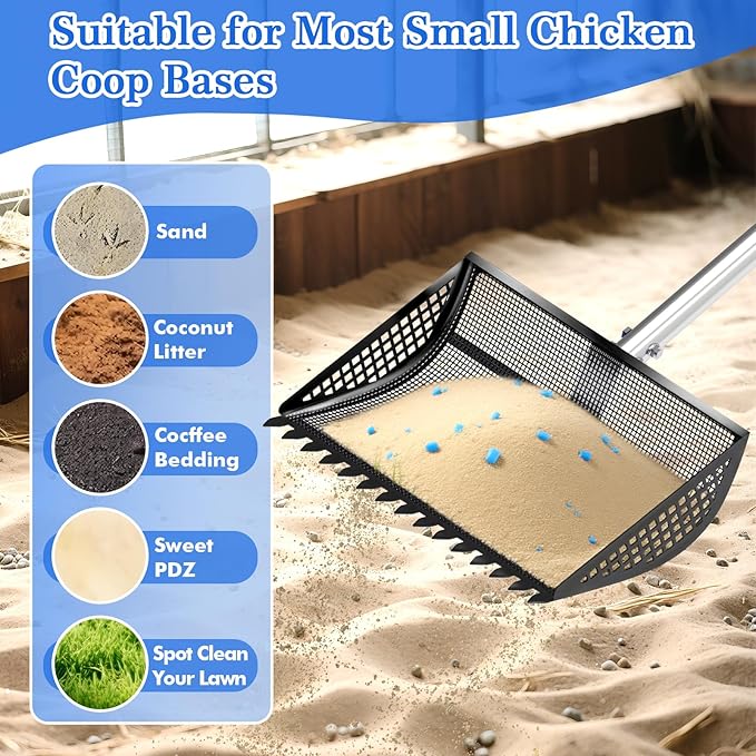 12 Inch Chicken Poop Scooper &amp; Rake 2-in-1, Large Metal Shovel Head, Rubber Handle Stainless Steel Chicken Litter Scoop for Chicken Coops, Litter Screening Scoop (35 to 65in) US Patent Pending (Black)