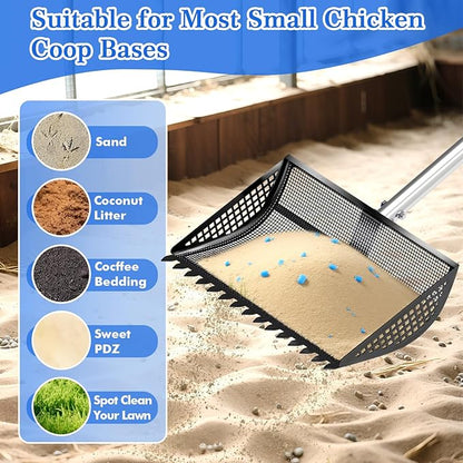 12 Inch Chicken Poop Scooper &amp; Rake 2-in-1, Large Metal Shovel Head, Rubber Handle Stainless Steel Chicken Litter Scoop for Chicken Coops, Litter Screening Scoop (35 to 65in) US Patent Pending (Black)
