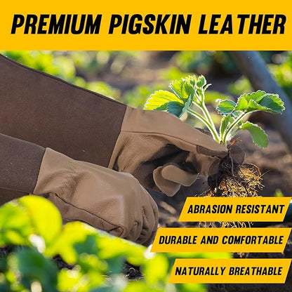 HANDLANDY Long Gardening Gloves for Men &amp; Women, Cowhide Leather Rose Pruning Gloves- Breathable &amp; Durable Gauntlet Glove (Small, Brown)