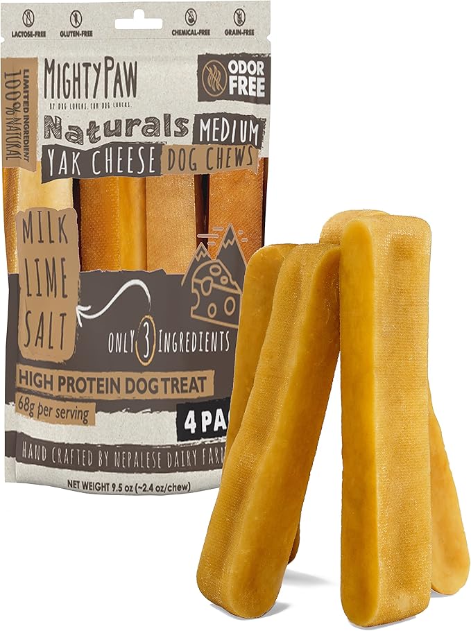 Mighty Paw Yak Cheese Chews for Dogs - All-Natural Long Lasting Pet Treats - Odorless Limited-Ingredient Chews for Puppies &amp; Power-Chewers (Medium, 4 Pack)