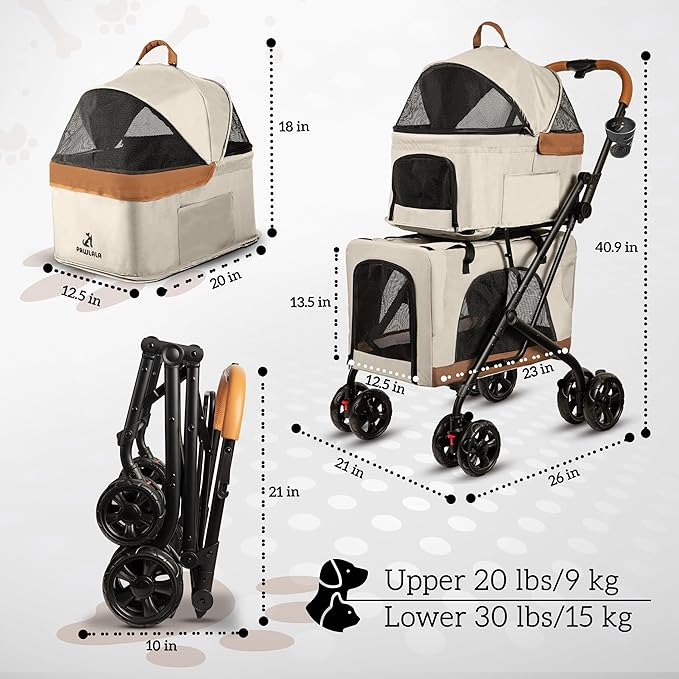 Double Pet Stroller with Detachable Carriers - Ideal for 2 Dogs or Cats - Compact &amp; Convenient Design - Easy Assembly Double Dog Stroller - Cosmic Beige