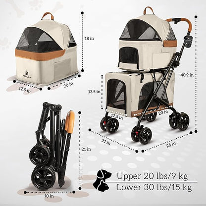 Double Pet Stroller with Detachable Carriers - Ideal for 2 Dogs or Cats - Compact &amp; Convenient Design - Easy Assembly Double Dog Stroller - Cosmic Beige