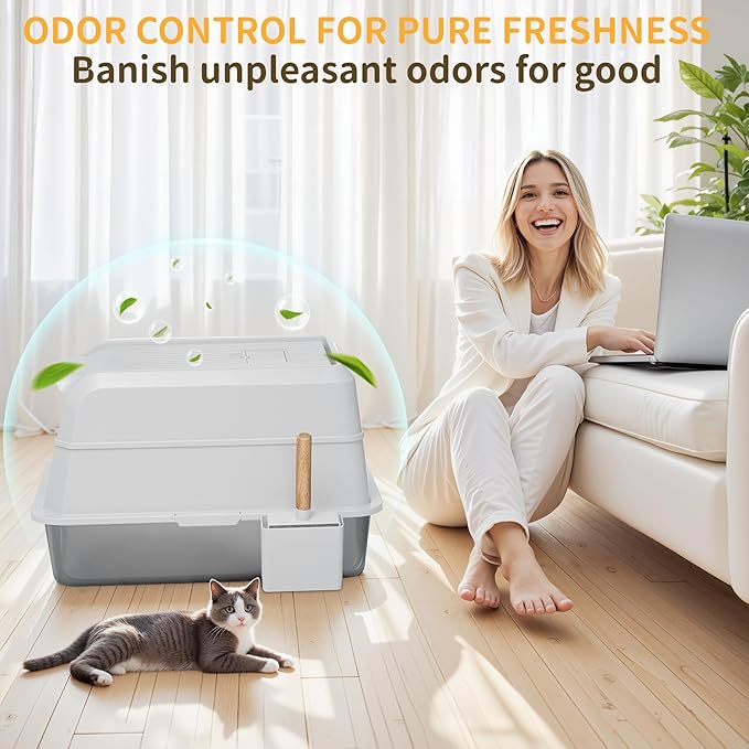 Stainless Steel Litter Box with Lid, XL Extra Large Cat Litter Box, Enclosed Metal Litter Pan with High Sided Enclosure &amp; Scoop, Anti Leakage, Easy to Clean, Odor Control (White)