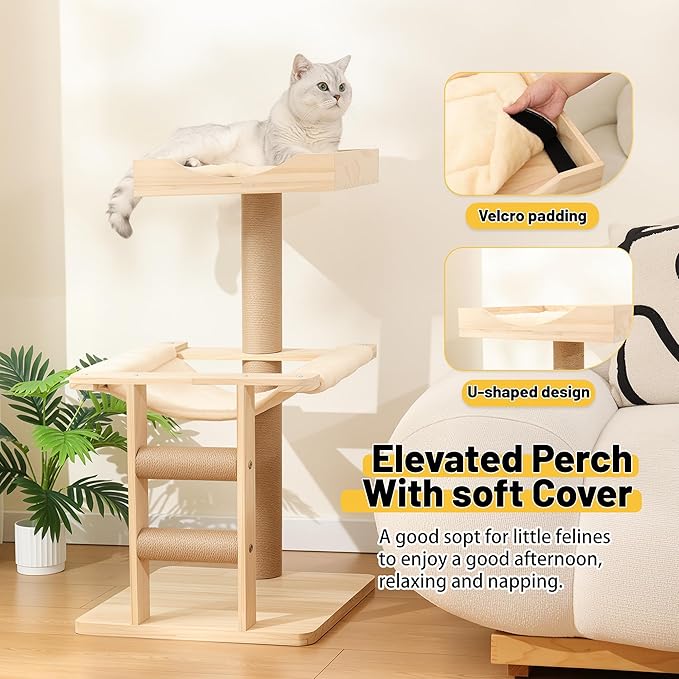 KVIDA Extra-Sturdy Wooden Cat Tree for Large Cats – Modern 3-Level Tower with Hammock, Anti-Tip Sisal Posts &amp; Oversized Perch, Ideal for Indoor Big Cats &amp; Multi-Cat Homes