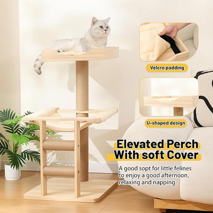 KVIDA Extra-Sturdy Wooden Cat Tree for Large Cats – Modern 3-Level Tower with Hammock, Anti-Tip Sisal Posts &amp; Oversized Perch, Ideal for Indoor Big Cats &amp; Multi-Cat Homes