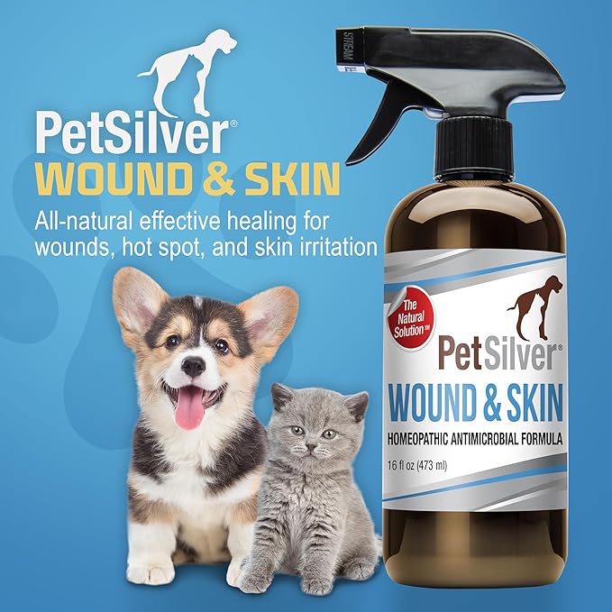 PetSilver Wound &amp; Skin Spray - Dog Wound Spray, Hot Spot, Allergy Relief for Dogs, Itch Spray for Cats - Natural Skin Soother - Chelated Silver, Superior to Colloidal Silver - Made in USA - 16 fl oz