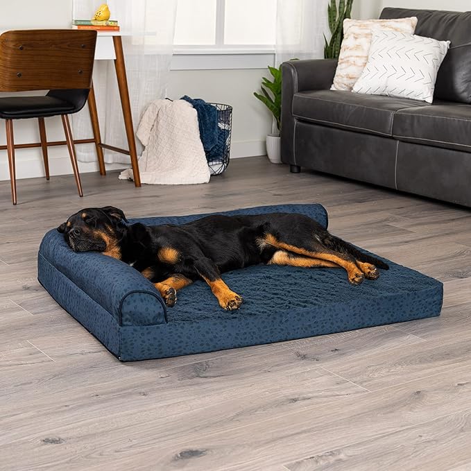 Furhaven Cooling Gel Dog Bed for Large Dogs w/ Removable Bolsters &amp; Washable Cover, For Dogs Up to 95 lbs - Plush &amp; Almond Print L Shaped Chaise - Blue Almonds, Jumbo/XL