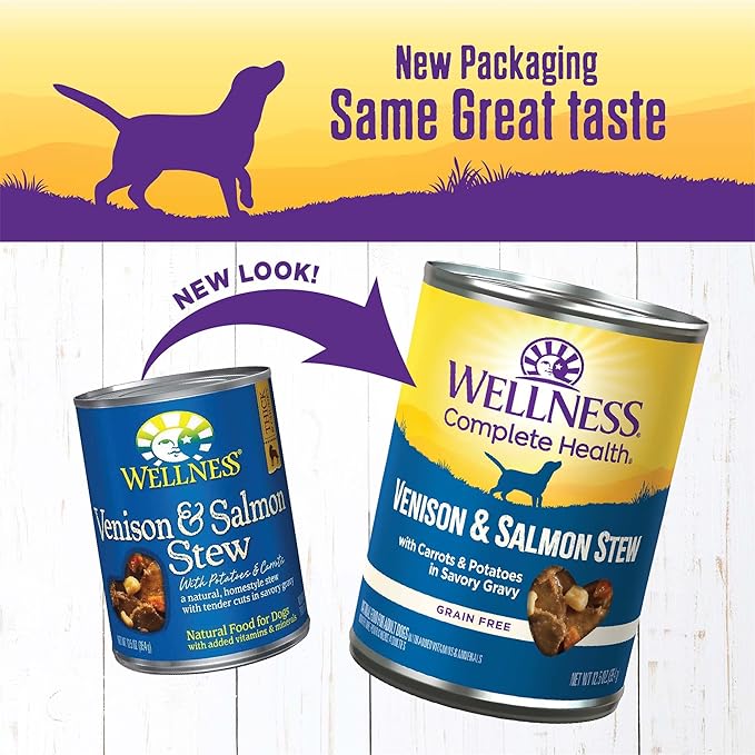 Wellness Complete Health Thick &amp; Chunky Natural Canned Wet Dog Food, Venison &amp; Salmon Stew, 12.5-Ounce Can (Pack of 12)