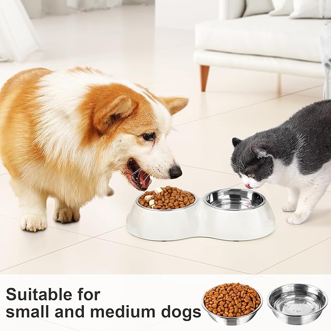 Stainless Steel Dog Bowls Set – Dual Non-Slip Pet Dishes with 2 Small (4oz*2) Bowls &amp; Durable Resin Stand,Food &amp; Water Feeder for Puppies, Kittens, and Small Breed Dogs– White