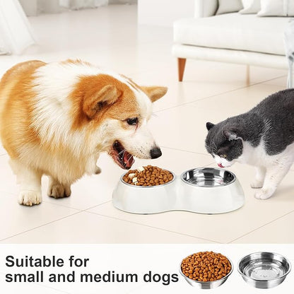 Stainless Steel Dog Bowls Set – Dual Non-Slip Pet Dishes with 2 Small (4oz*2) Bowls &amp; Durable Resin Stand,Food &amp; Water Feeder for Puppies, Kittens, and Small Breed Dogs– White