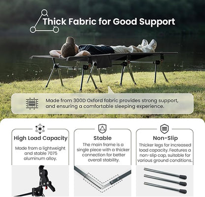 ONETIGRIS SUPRANUBIS Camping Cot, Height Adjustable with Cot Leg Extenders, Strong Support 330lbs, Lightweight Comfortable Folding Bed for Camping, Hiking, Travel, Truck, Beach, Office Nap
