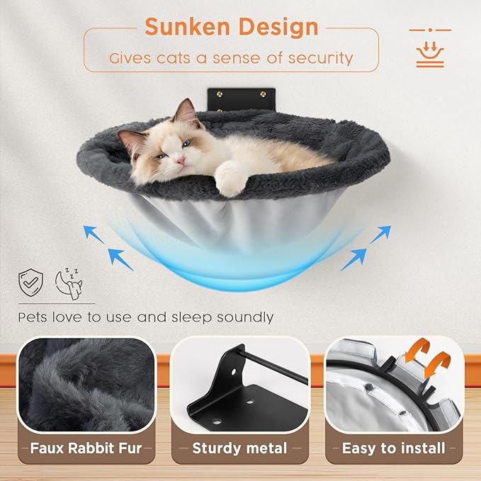 Cat Hammock Wall Mounted, Foldable &amp; Stable Cat Beds- Breathable Cats Wall Shelves for Sleeping, Playing, Climbing, and Lounging - Maximum Hold Up to 30lb（Gray,Faux Rabbit Fur）