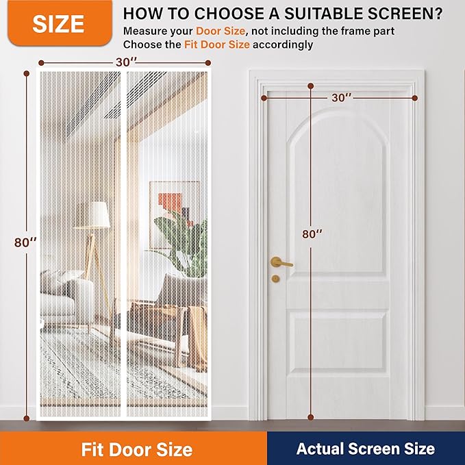 Magnetic Screen Door, Heavy Duty Door Screen Magnetic Closure Keep Bugs Out,Pet &amp; Kid Friendly，Hands Free Door Screen Fit Door Size 32 x 80 Inches White